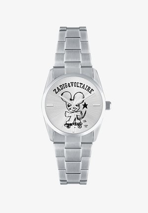Silverfärgad klocka i rostfritt stål med rund boett, med en texturerad silver urtavla, en tecknad mus-design och tryckt varumärkesnamn högst upp.