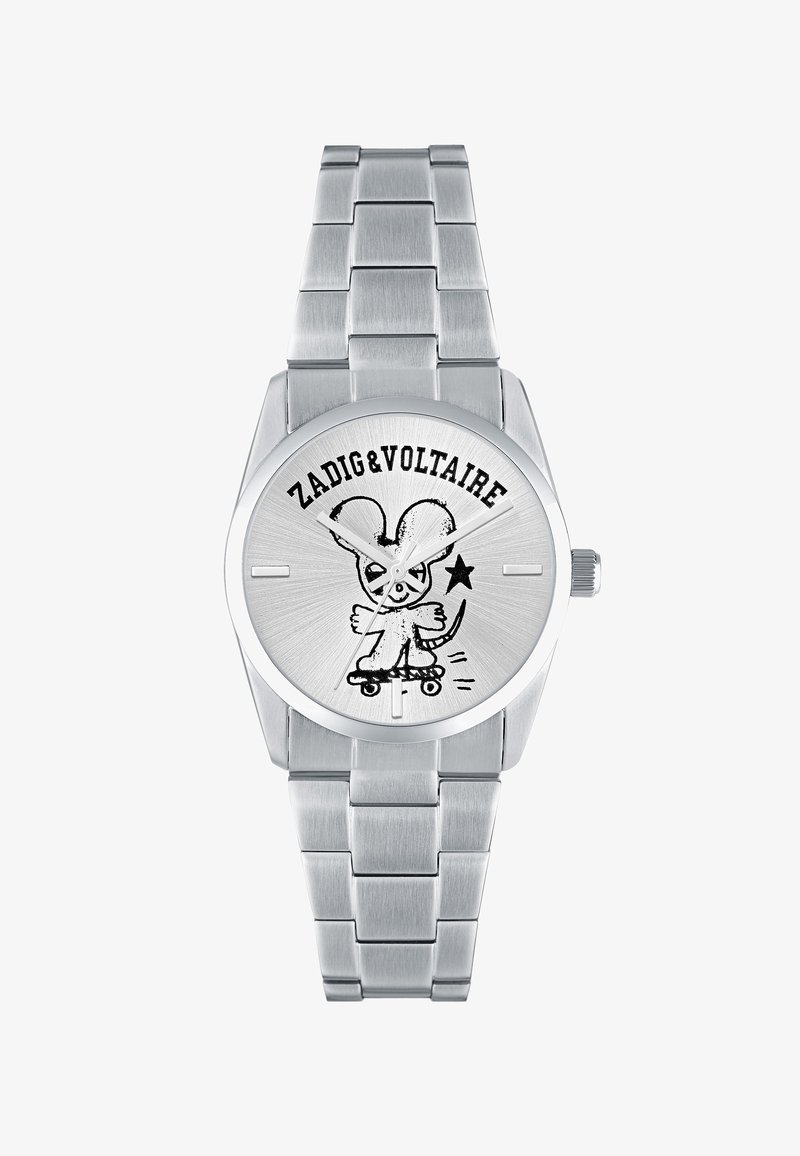 Reloj de acero inoxidable plateado con caja redonda, presenta un carácter texturizado en plata, diseño de ratón de dibujos animados y el nombre de la marca impreso en la parte superior.