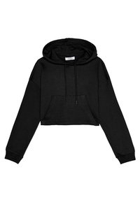 Svart kortärmad huvtröja med lång ärm, framficka och dragsnoddar. Tillverkad av ett mjukt, texturerat tyg.