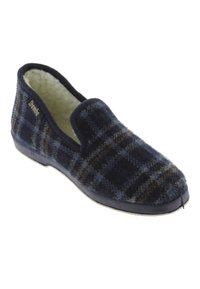 Zapatillas de casa de cuadros en tonos azul marino y marrón, elaboradas en lana con un forro suave, que presentan un diseño de fácil puesta y suela de goma para mayor tracción. Detalle del logo en dorado.