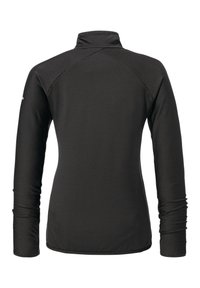 Schwarzer Langarmpullover mit hohem Kragen, geripptem Design und taillierter Passform. Nahtdetails an den Schultern und elastische Bündchen.