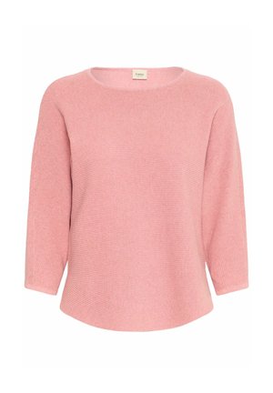 Rosa gestrickter Pullover mit einem runden Halsausschnitt, Dreiviertelärmeln und einer lockeren Passform. Verfügt über eine dezente gerippte Textur im gesamten Kleidungsstück.