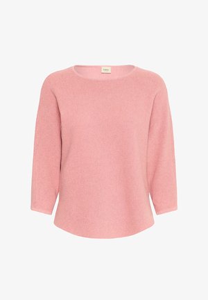 Rosa gestrickter Pullover mit einem runden Halsausschnitt, Dreiviertelärmeln und einer lockeren Passform. Verfügt über eine dezente gerippte Textur im gesamten Kleidungsstück.