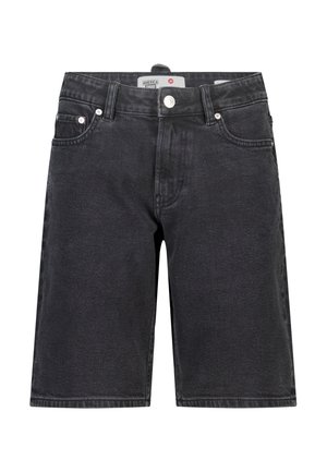 Shorts en denim noir avec fermeture à bouton et zip, poches avant et poche monnaie, passants pour ceinture, conçus pour un style décontracté.