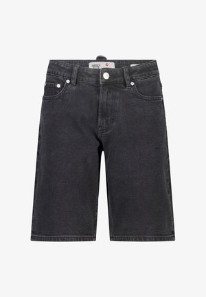 Zwarte denim shorts met knoop- en ritssluiting, voor- en muntzakken, en riemlussen, ontworpen voor casual gebruik.