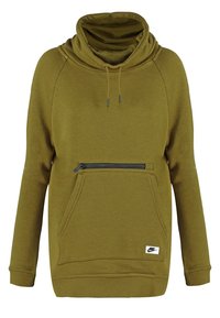 Sweat à capuche vert olive à col châle, poche zippée devant au-dessus de la poche kangourou, logo Nike en bas à l'avant, manches longues et capuche avec cordon de serrage.