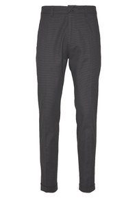 Uhlíkově šedé kalhoty s texturovaným vzorem, slim fit designem, zúženými nohavicemi a ohrnutými lemy. Obsahují poutka na opasek a přední zip.