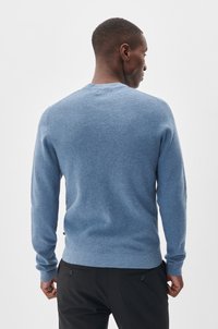 Blue knit sweater with a textured finish and long sleeves, featuring ribbed cuffs and hem, viewed from the back.