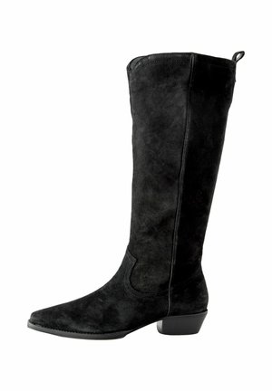 Bota de ante negra hasta la rodilla con punta afilada, tacón cuadrado y paneles laterales curvados. La textura es suave, con un acabado mate.