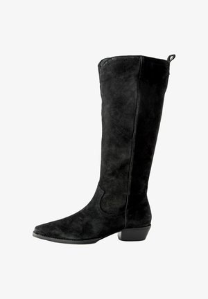 Musta mokkiset polvipituiset saappaat, joissa on teräväkärkinen muoto, tukeeva korko ja kaarevat sivupaneelit. Pintakuvio on pehmeä ja matta.