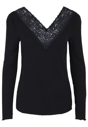 Black long-sleeve top with a V-neckline featuring a black lace trim. The fabric is ribbed with scalloped edges at the sleeves and hem.