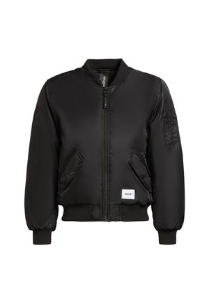 Black bomber jacket made of smooth, shiny fabric. Features a front zip closure, two side pockets, and a utility pocket on the sleeve.