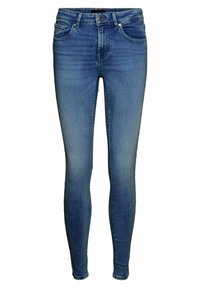 Középkék farmer skinny jeans. Öt zsebes kialakítás, gombos zipzárral és finom kopással a combokon. Simább textúra.