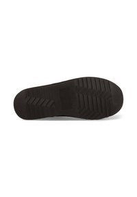 Black rubber shoe sole featuring a textured tread pattern with zigzag and ridge details for enhanced grip. Flat, rounded heel design.