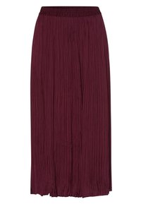 Gonna midi plissettata bordeaux con vita elastica. Il tessuto ha una superficie testurizzata, creando linee verticali in tutto il design.