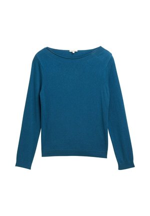 Teal long-sleeve sweater with a wide neckline, ribbed cuffs, and hem. Smooth texture and fitted design. Lightweight knit material.