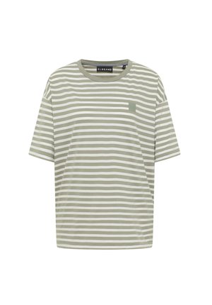 Striped t-shirt in muted green and white, featuring a round neckline, short sleeves, and a small square logo on the left chest.