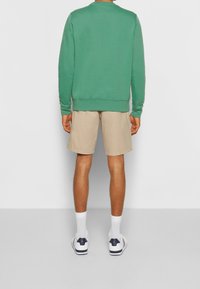 Groene sweatshirt, beige shorts, witte sokken en witte sneakers met marineblauwe accenten. Gladde stof, losse pasvorm en eenvoudig ontwerp. Achteraanzicht.