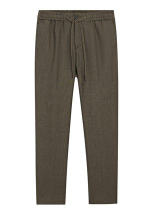 Pantalon en lin marron ajusté avec taille élastique, fermeture par bouton et cordon à l'avant.