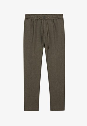 Pantalon en lin marron ajusté avec taille élastique, fermeture par bouton et cordon à l'avant.