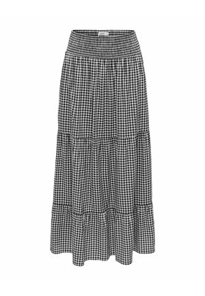 Černobílá midi sukně s kostkovaným vzorem gingham, tvořená z vrstev, s elastickým širokým pasem, nařasenou látkou a jemným rozšířením na lemu.