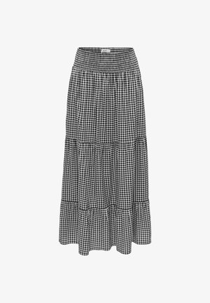 Černobílá midi sukně s kostkovaným vzorem gingham, tvořená z vrstev, s elastickým širokým pasem, nařasenou látkou a jemným rozšířením na lemu.