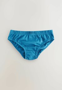 Niebieskie majtki bikini z elastycznym pasem. Gładka faktura, marszczenia po bokach oraz mała metka z napisem "NEXT" z tyłu.