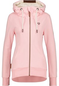 Růžová mikina na zip s kapucí na šňůrku, klokaními kapsami, žebrovanými manžetami a lemem. Obsahuje malé logo srdce a kožené akcenty.