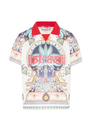 Polo a maniche corte con colletto rosso, stampa colorata e ornamentale con tigri, foglie, cuori e scritta "Just Cavalli" sul davanti.