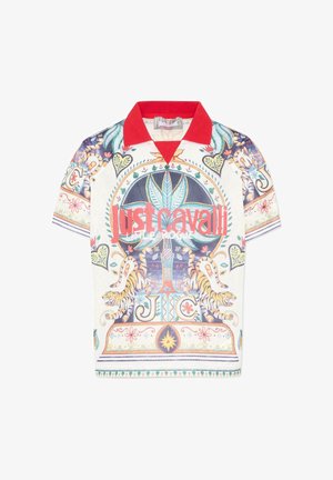 Polo à manches courtes avec col rouge, imprimé orné coloré de tigres, feuilles, cœurs et texte "Just Cavalli" sur le devant.