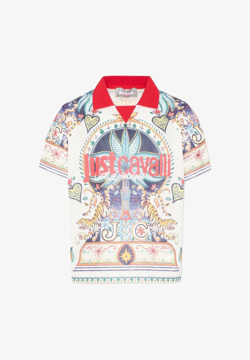 Polo à manches courtes avec col rouge, imprimé orné coloré de tigres, feuilles, cœurs et texte "Just Cavalli" sur le devant.