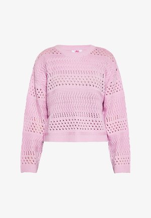 Rosa gestrickter Pullover mit einem verkürzten Design, Lochmuster und strukturierten Streifen. Hergestellt aus leichtem, atmungsaktivem Stoff.