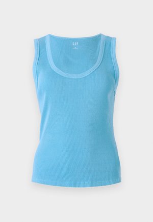 Svijetloplavi rebrasti top bez rukava s zaobljenim dekolteom. Izrađen od pletene tkanine s prilagođenim siluetom i čistim rubom.
