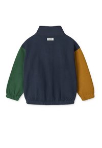 Fleece jacket featuring a navy body with green and mustard sleeves, a collared neck, and elastic cuffs for comfort.