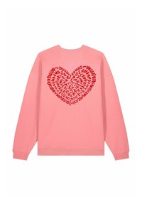 Sweat-shirt rose avec un grand motif de cœur rouge rempli de motifs de texte variés. Col rond, manches longues, poignets et ourlet côtelés.