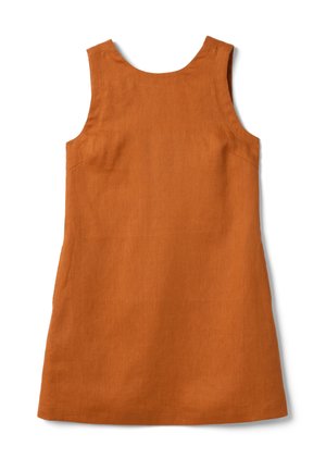Mouwloze, knielange A-lijn jurk van effen verbrande oranje linnen met een ronde halslijn en een eenvoudig rugontwerp.
