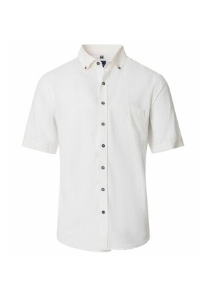Weißes kurzärmeliges Hemd mit Knopfleiste, einer Tasche auf der linken Brustseite und einem Button-Down-Kragen.