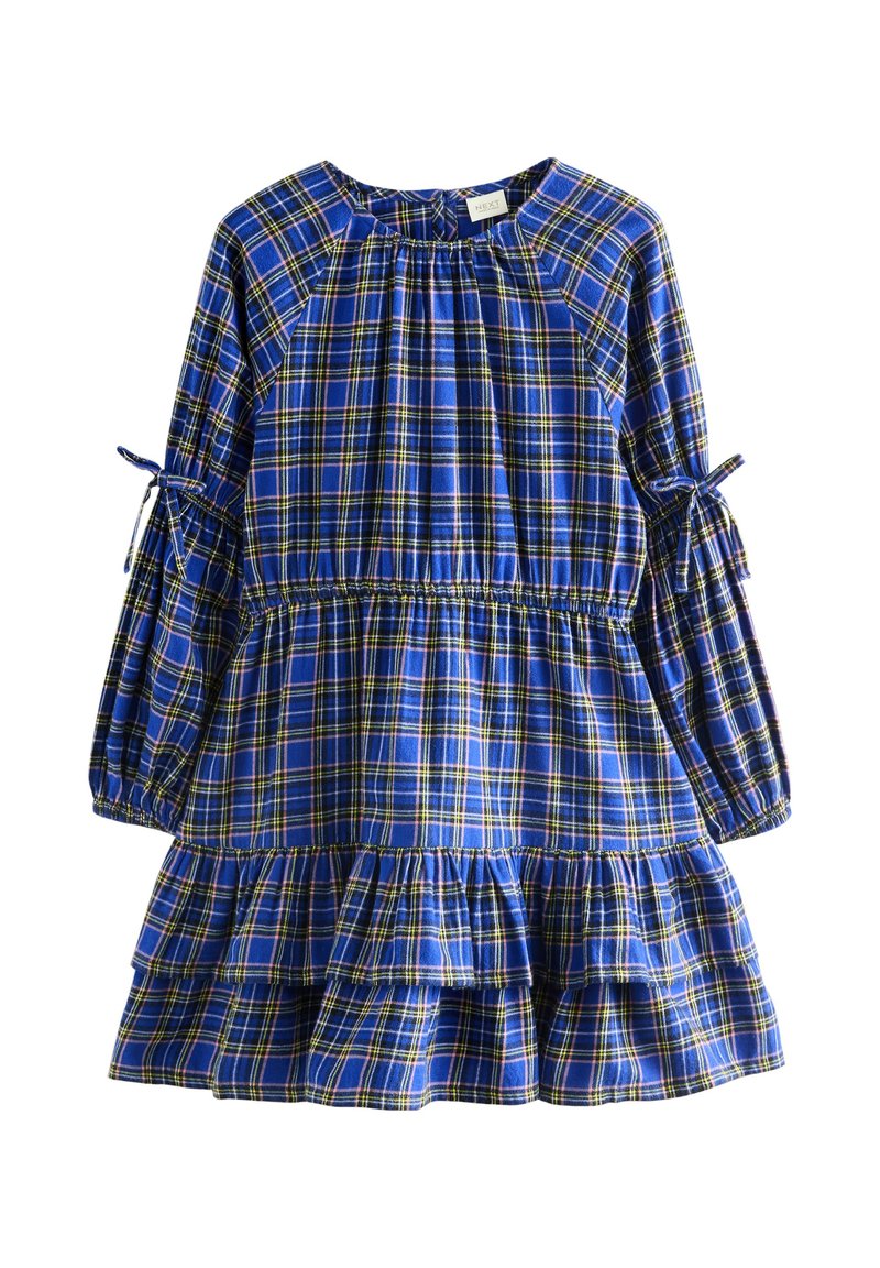 Vestito a quadri blu con scollo elasticizzato, maniche lunghe e dettagli arricciati con fiocco. Presenta un orlo arricciato e accenti gialli e rosa nel motivo.