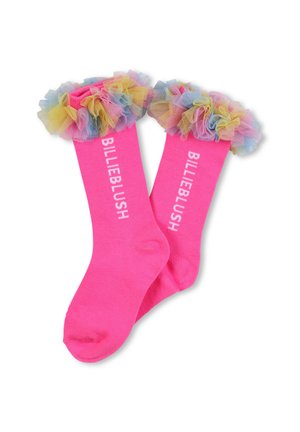 Calze rosa fino al ginocchio con bordo arruffato in tulle multicolore e la scritta "BILLIEBLUSH" stampata in bianco. Tessuto morbido ed elasticizzato.