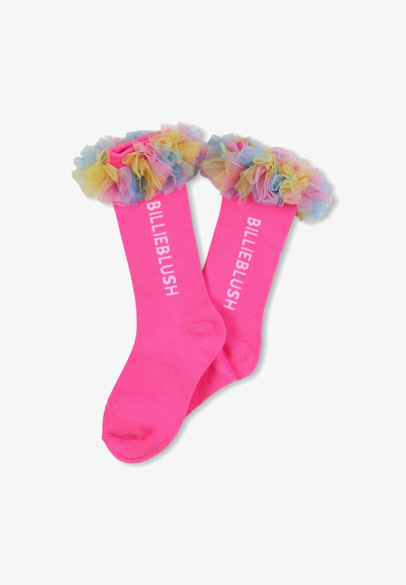 Calze rosa fino al ginocchio con bordo arruffato in tulle multicolore e la scritta "BILLIEBLUSH" stampata in bianco. Tessuto morbido ed elasticizzato.