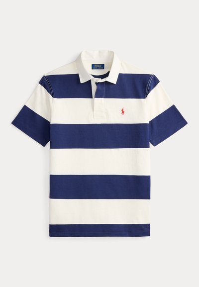 Μπλε σκούρο και λευκή ριγέ πόλο μπλούζα από βαμβάκι. Διαθέτει γιακά, πατιλέτα με τρία κουμπιά και μικρό κόκκινο λογότυπο στο αριστερό στήθος.