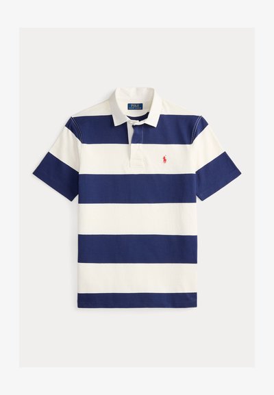 Μπλε σκούρο και λευκή ριγέ πόλο μπλούζα από βαμβάκι. Διαθέτει γιακά, πατιλέτα με τρία κουμπιά και μικρό κόκκινο λογότυπο στο αριστερό στήθος.