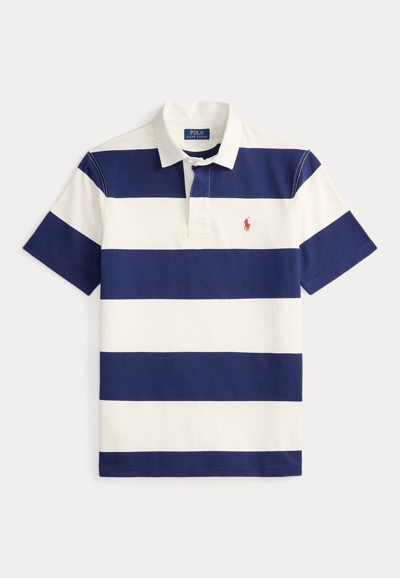Polo à rayures bleu marine et blanches en coton. Comprend un col, une patte à trois boutons et un petit logo rouge sur le côté gauche de la poitrine.