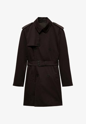 Dunkelbrauner doppeltknöpfiger Trenchcoat mit tailliertem Gürtel, Schulterpatten und strukturiertem Stoff. Klassischer Kragen und seitliche Taschen.