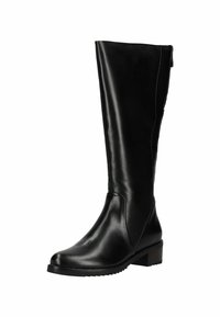 Bota de cuero negro hasta la rodilla con un acabado liso, puntera redondeada y tacón bajo. Presenta una costura mínima y un diseño elegante.