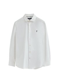 Camicia bianca a maniche lunghe con colletto, chiusura a bottoni frontale e piccolo logo blu navy sul lato sinistro del petto, caratterizzata da una texture di tessuto liscia.