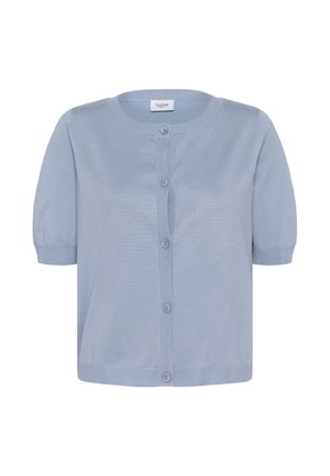 Light blue short-sleeve cardigan made of soft knit material, featuring a rounded neckline, button closure, and ribbed detailing at cuffs and hem.