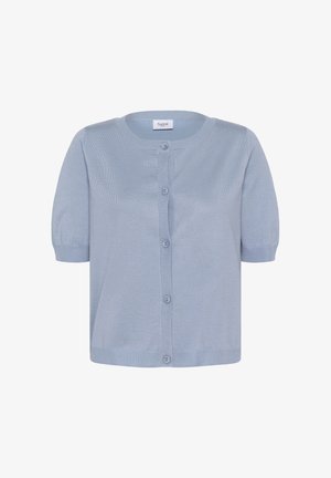 Light blue short-sleeve cardigan made of soft knit material, featuring a rounded neckline, button closure, and ribbed detailing at cuffs and hem.