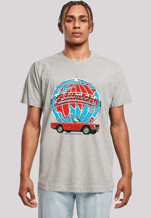 Gray cotton t-shirt featuring a colorful graphic of a globe with a red convertible car at the bottom. The design includes blue and red accents.