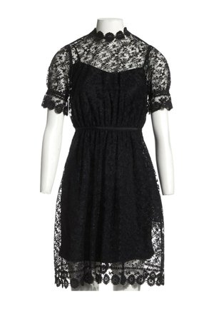 Robe en dentelle noire avec manches courtes bouffantes, col montant, taille cintrée et motifs floraux sur tissu transparent avec doublure unie.